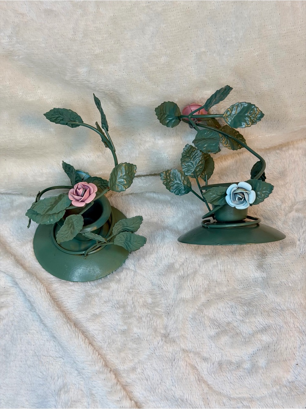 Green Floral Metal Candle Holders with Pink and Blue Rose Accents